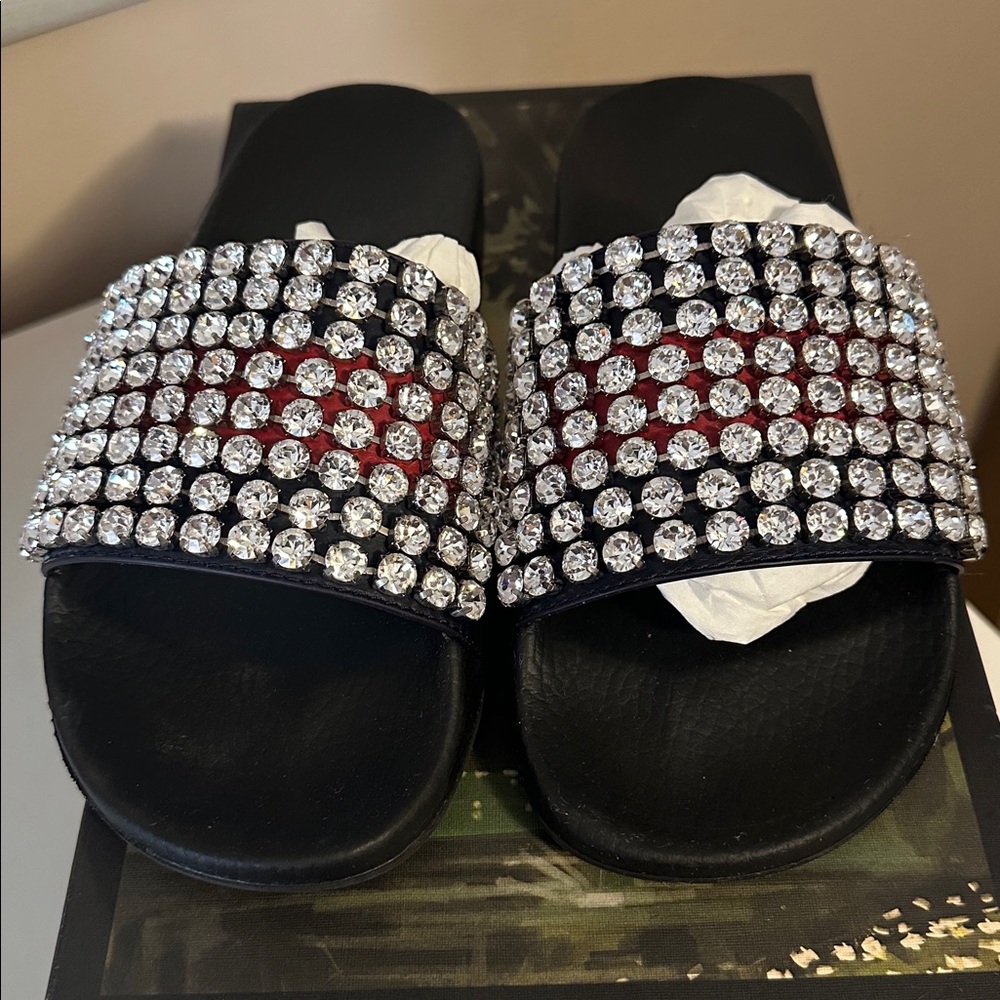 Authentic Gucci Blue and Red web crystal embellished slides